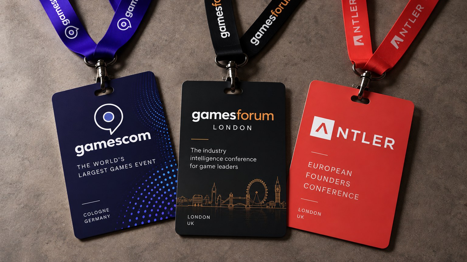 Conference badges from Gamescom, Gamesforum London and Antler's European Founders Conference